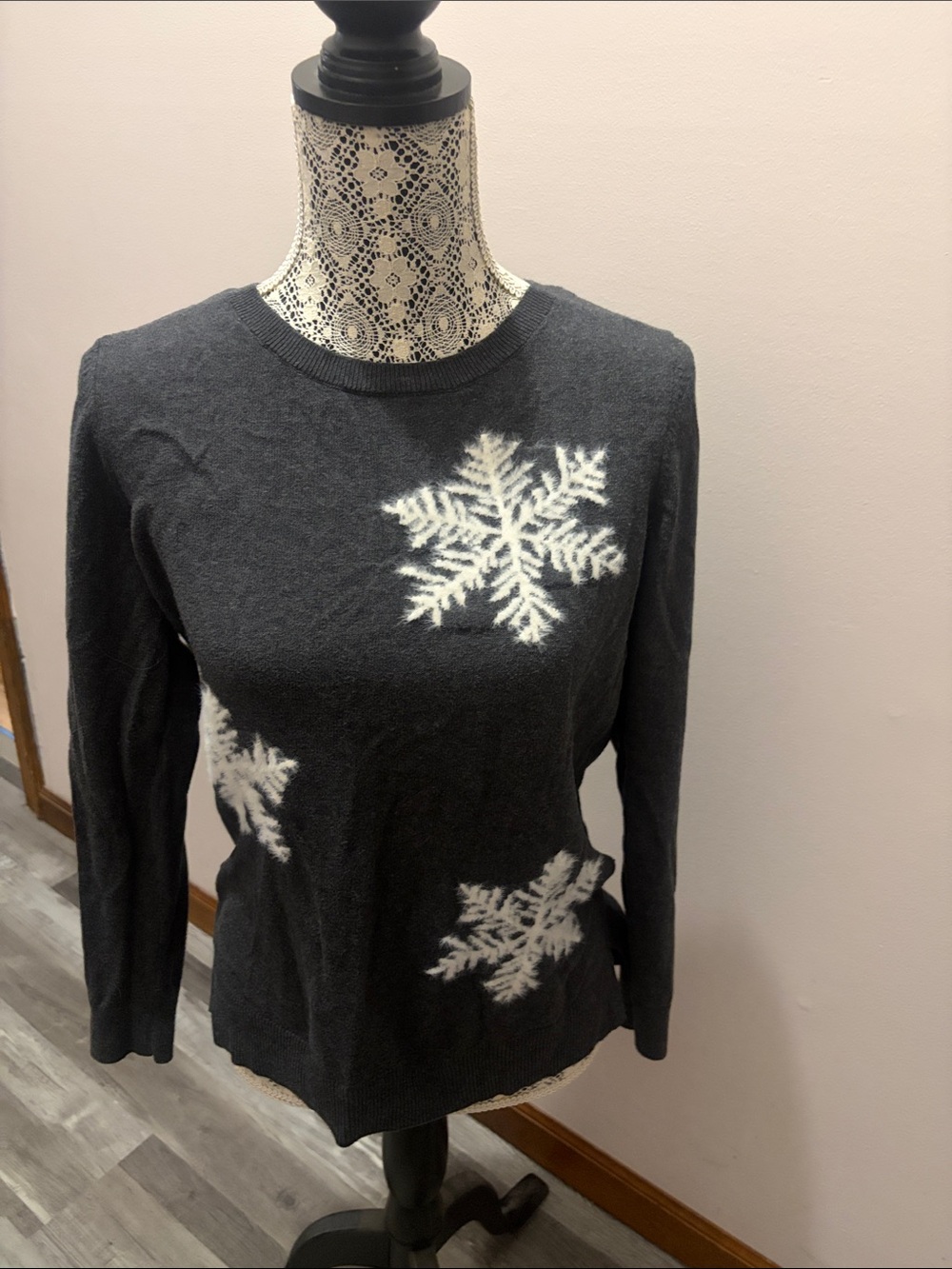 LOFT Charcoal Gray Crewneck Sweater with White Snowflake Motifs